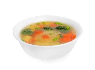 Delicious vegetable soup with noodles isolated on white