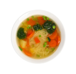 Delicious vegetable soup with noodles isolated on white, top view