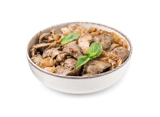 Delicious fried chicken liver with onion and basil in bowl isolated on white