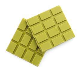 Pieces of tasty matcha chocolate bar isolated on white, top view