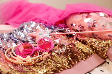 Stylish carnival costume with sequins, sunglasses, wand and headbands, closeup