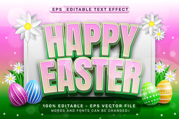 happy easter 3d text effect and editable text effect with easter egg illustrations - obrazy, fototapety, plakaty