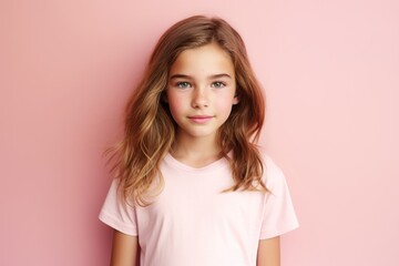 Portrait of a cute little girl with long hair on a pink background