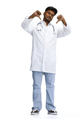 A male doctor, on a white background, in full height, shows his thumbs down