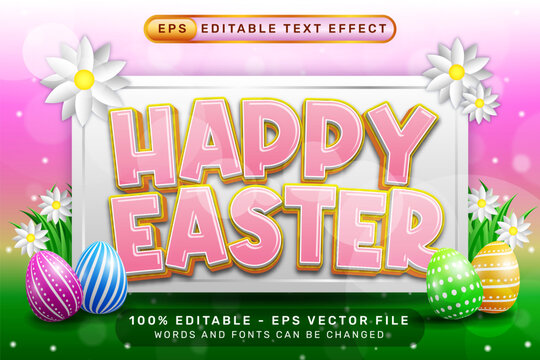 happy easter 3d text effect and editable text effect with easter egg illustrations