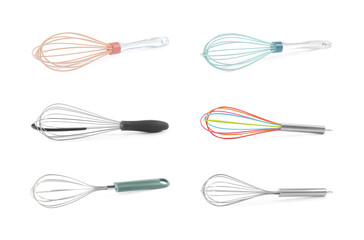 Different whisks isolated on white, collection. Kitchen tool