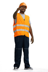 A male construction worker, on a white background, in full height, points forward