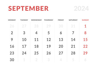 Monthly page Calendar Planner Templates of September 2024. Vector layout of simple calendar with week start Monday for print. Page for size A4 or 21x29.7 cm