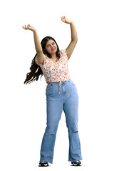 A woman, on a white background, standing tall, waving his arms