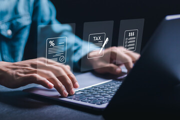 Financial research, Businessman using laptop for calculates income to pay taxes to the government. Paying taxes. Filling online tax return form for payment. Calculation tax return taxes and VAT.