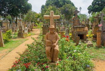 Barichara cemetery with traditional rock sculptures and tombs. plants, flowers and nature....