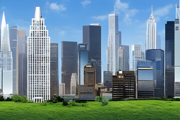 Obraz premium create-an-illustration-with-high-rise-buildings-and-a-bustling-cityscape-Generative AI