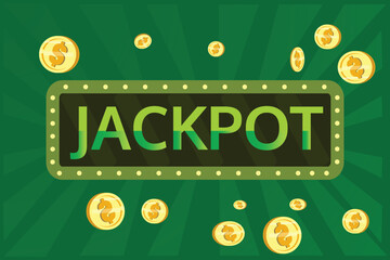 Jackpot banner with falling gold coins and confetti. Casino or lottery advertising template. Winning money Prize in gambling