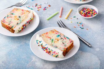 Funfetti birthday cake slices on the table