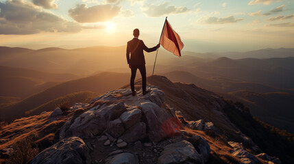 Businessman standing top of mountain and hand holding winner orange flag, Back view shot, Success concept, Ai generated.