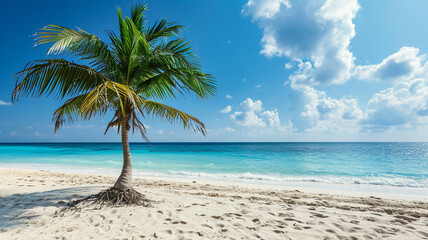 Fototapeta na wymiar Surreal and wonderful dream beach with palm tree on white sand and turquoise ocean