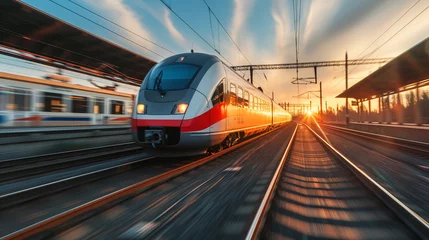 Foto op Plexiglas Beautiful railway station with modern high speed commuter train with motion blur effect with sunset, Transporation concept, Ai generated © Sunshine