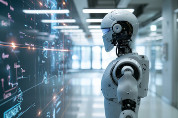 Automation server, Robot or artificial intelligence robot with graphic display, Ai generated.