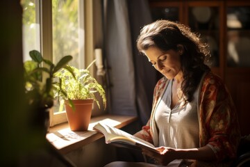 A middle-aged brunette woman with glasses, engrossed in a captivating novel at her favorite cozy corner in a rustic local café, as the golden afternoon sunlight filters through the window