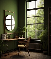 Minimalist green home office with large windows