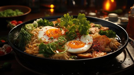 Delicious ramen noodles with egg topping on top, blur background