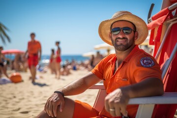Obraz premium A Day in the Life: Portrait of a Dedicated Lifeguard Vigilantly Watching Over the Bustling Public Beach, Ensuring the Safety of Swimmers and Sunbathers Alike