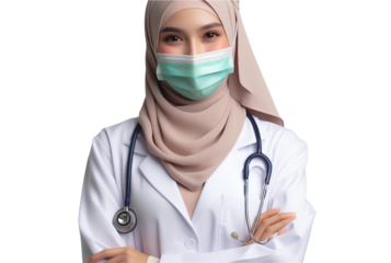 beautiful female muslim doctor wearing a hijab and mask with stethoscope PNG transparent background 