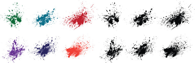 Decorative set of vector red, orange, purple, black, green, wheat color ink splatters paintbrush shape