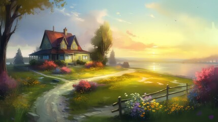 Beautiful landscape with houses and trees fantasy background generated AI
