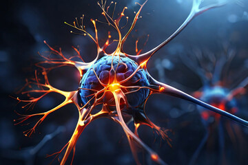 Interconnected neurons. 3D illustration captures human brain's neuronal firing. Detailed portrayal of interconnected neural networks.