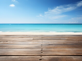 Fototapeta premium Empty wooden dock with the beach and ocean in the background,