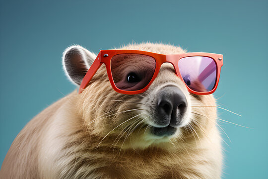 Creative Animal Concepts - Surrealist advertising of sunglasses worn by solid pastel backgrounds and isolated wombats generative ai