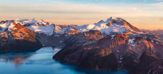 Canadian Mountain Landscape, Sunset. Aerial Panorama Background.