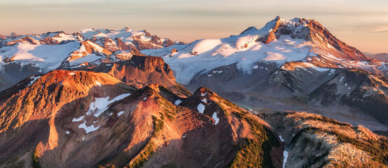 Canadian Mountain Landscape, Sunset. Aerial Panorama Background.