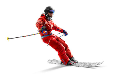 Skiing sport. In action. Side view. Sportsman in a red ski suit. Skiing in action. Isolated