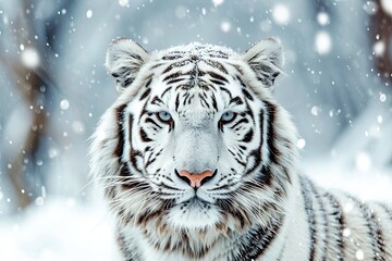 Fototapeta na wymiar white tiger in snow environment winter landscape