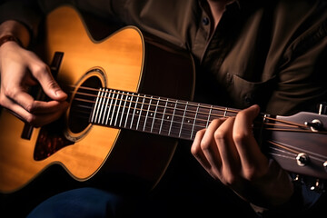 Fototapeta na wymiar Man playing acoustic guitar on dark background, closeup. Music concept
