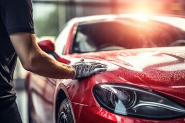 Professional car wash specialist using a big soft sponge to wash a beautiful red sports car with shampoo before detailing, polishing, and waxing. - obrazy, fototapety, plakaty
