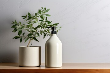 Shampoo bottle and tree branch on table by beige wall.