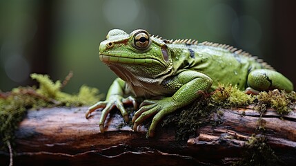 Fototapeta premium Majestic Green Frog Lounging on Moss-Covered Log in Shadowy Forest