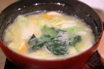 a Traditional Japanese cuisine. Bowl of noodle soup with rice.