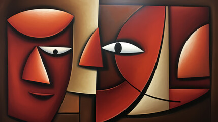 Two stylized faces are depicted in a cubist painting on a brown backdrop, engaging with the viewer.