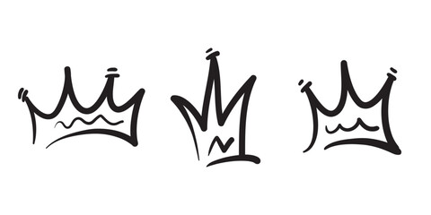 Doodle crowns. Line art king or queen crown sketch, fellow crowned heads tiara, beautiful diadem and luxurious decals vector illustration set. Royal head accessories linear collection - obrazy, fototapety, plakaty