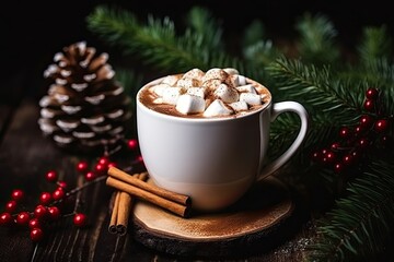 Festive seasons: Warm cocoa with marshmallow, cinnamon, spruce branches, cozy ambiance, dark background.