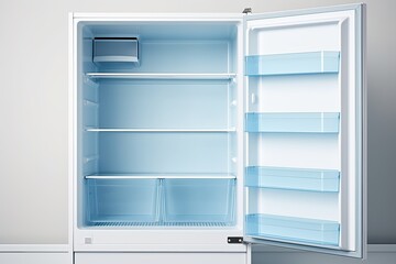 Unused fridge with shelves and area for text.