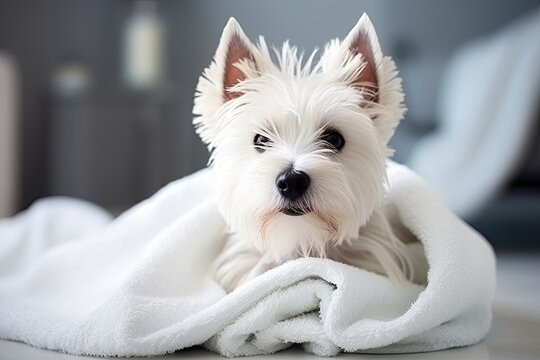 High-quality photo of a freshly bathed Westie dog wrapped in a towel, with copy space available for pet grooming concept.
