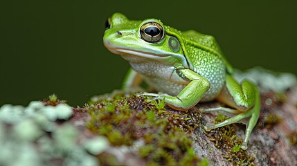 Naklejka premium Alert Green Frog Perched on Mossy Branch, Macro Nature Shot
