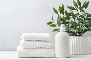 Green plant on white table inside bathroom, with soap and shampoo bottles and cotton towels. - obrazy, fototapety, plakaty