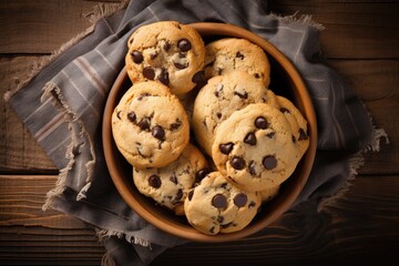 Bird s eye view of chocolate chip cookies in cup bowl on rustic wooden background with napkin