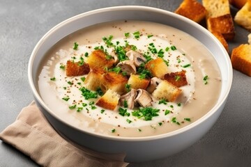 European cuisine - Creamy mushroom soup with croutons on concrete table. Top view, copy space.